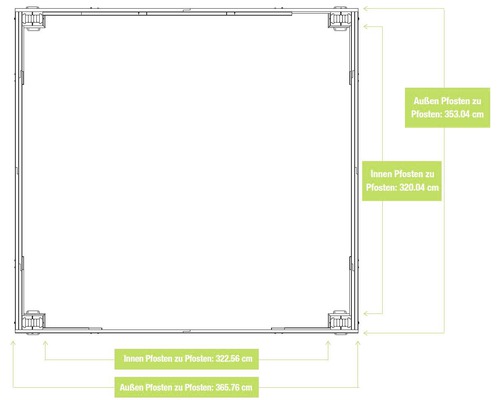 Draufsicht eines Gartenhauses mit Maßangaben zu Innen- und Außenpfosten