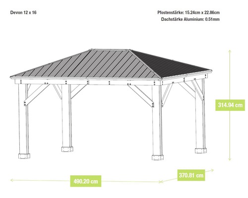 Technische Zeichnung eines Devon Pavillons 12 x 16 mit Maßangaben zu Pfosten- und Dachstärke.