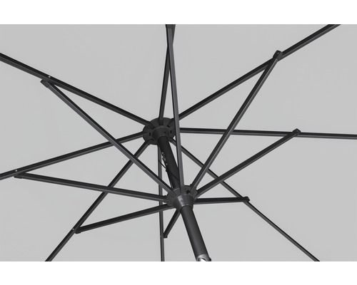 Gros plan d''un parasol ouvert vu du dessous avec baleines et mât