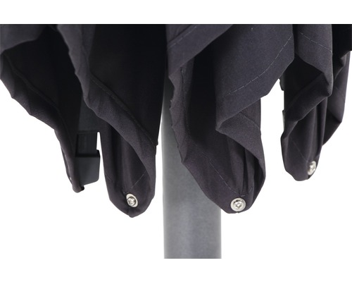 Detailansicht eines Sonnenschirms mit Stoffbespannung und Knopfverschluss