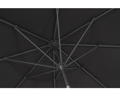 Blick von unten auf einen Sonnenschirm mit Streben und Mast