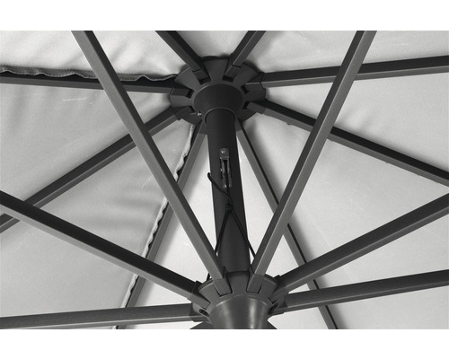 Detailaufnahme des Schirms mit Streben und Mast