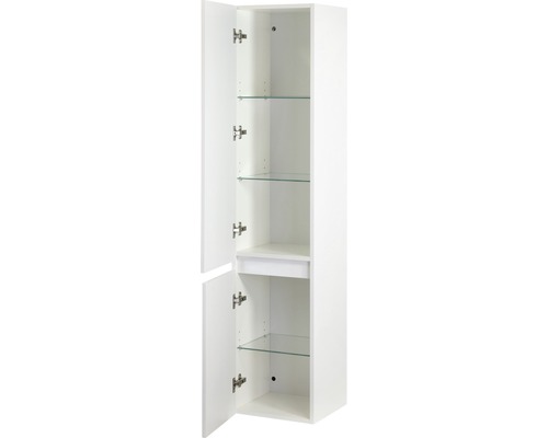 Armoire de salle de bain haute avec portes ouvertes et étagères en verre