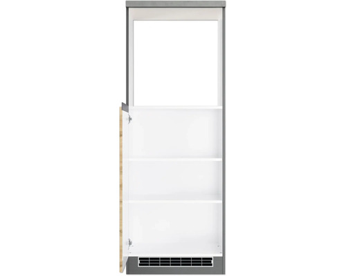 Armoire haute de cuisine avec étagères et une porte ouverte