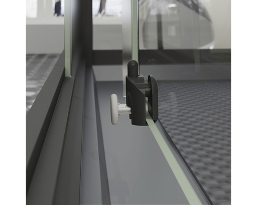 Detailansicht eines Duschkabinen-Elements mit Rahmen und Rollenmechanismus