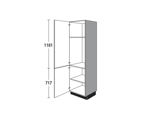 Illustration eines Hochschranks mit offenen Türen und Innenregalen zur Darstellung der Abmessungen