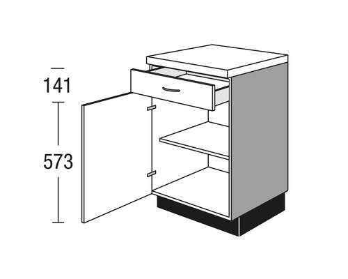 Skizze eines Küchenunterschranks mit Schublade und Tür