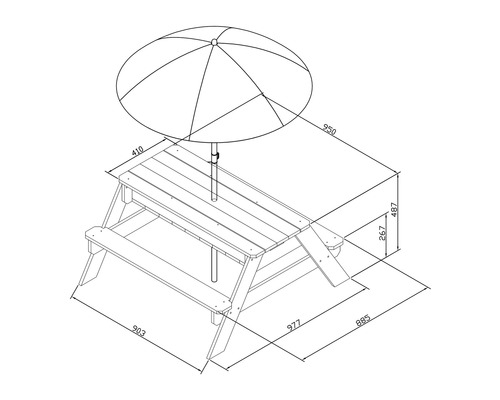 Abbildung eines Kindersitzgarnitur mit Sonnenschirm und Maßangaben.