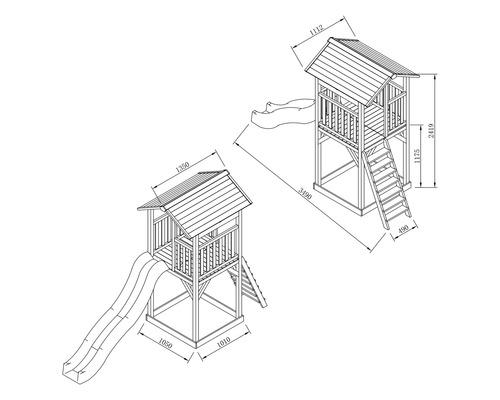 Schéma technique d''une cabane de jeu avec toboggan et échelle avec dimensions