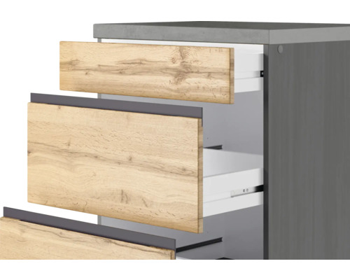 Badezimmerschrank mit Holzfronten und Schubladen