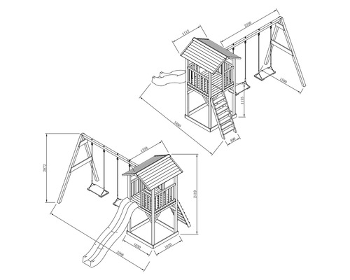 Dessin technique d''une aire de jeux avec tour, balançoire et toboggan avec dimensions