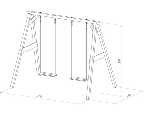 Illustration einer Holzschaukel mit Maßangaben