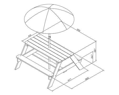 Abbildung eines Kindersitzgarnitur mit Sonnenschirm und Maßangaben