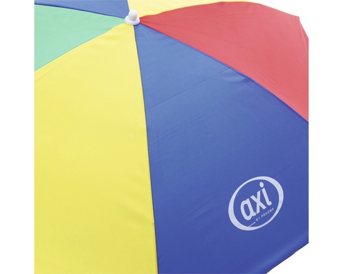 Detailansicht eines bunten Sonnenschirms mit Axi by Pragma Logo