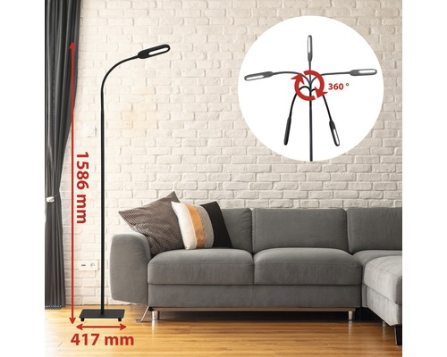Schwarze Stehlampe mit den Maßen 1586 mm Höhe und 417 mm Breite, mit 360 Grad Drehfunktion.
