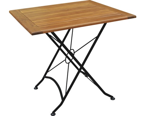 Quadratischer Gartentisch aus Holz mit Stahlgestell