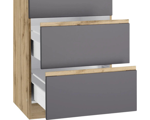 Unterschrank mit grauen Schubladen und Holzdekor