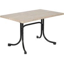 Table pliante rectangulaire avec plateau aspect bois et structure en métal noir.