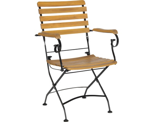 Fauteuil de jardin en bois avec accoudoirs et cadre métallique pliable