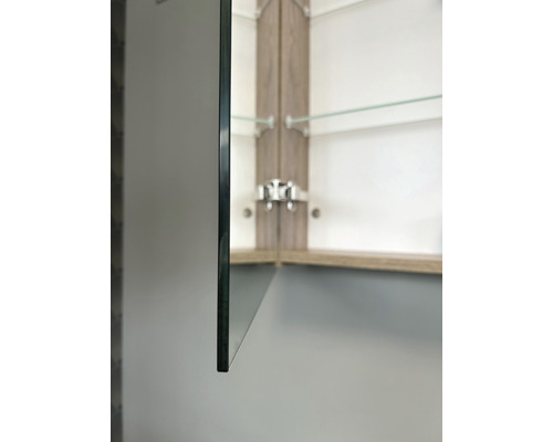 Detailaufnahme eines Spiegelschranks mit Glasablagen