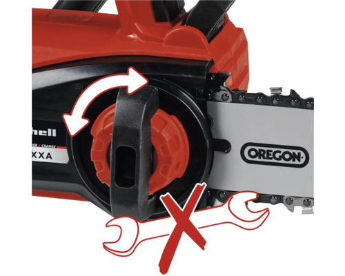 Détail tronçonneuse Einhell : tension de chaîne sans outil et épée Oregon