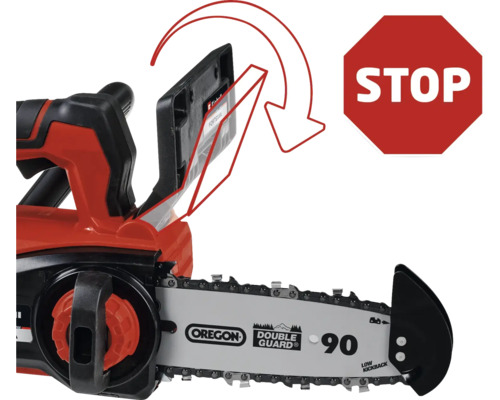 Illustration d''une tronçonneuse avec dispositifs de sécurité et un panneau stop.