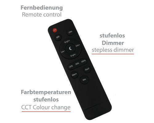 Schwarze Fernbedienung mit Dimmfunktion und Farbwechsel