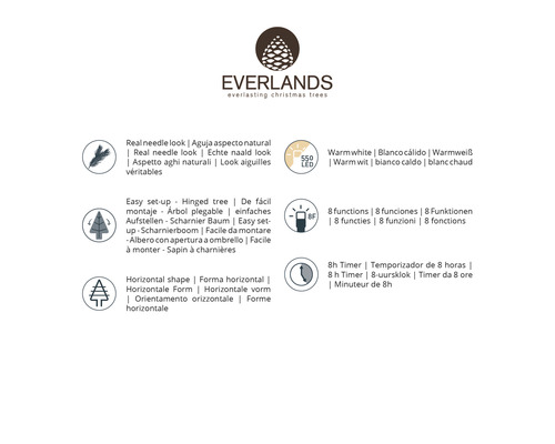 Logo Everlands avec les caractéristiques du produit pour les arbres de Noël