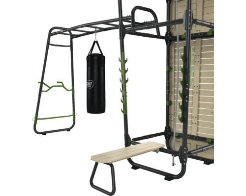 Fitnessgerät mit Klimmzugstange, Boxsack, Sprossenwand und Hantelbank