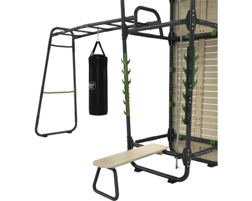 Multifunktionale Trainingsstation mit Klimmzugstange, Boxsack und Hantelbank für vielseitiges Fitnesstraining