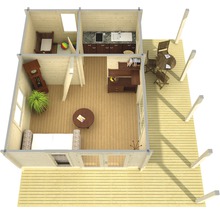 Plan d''une maison en bois avec terrasse, salon, cuisine et chambre d''enfant