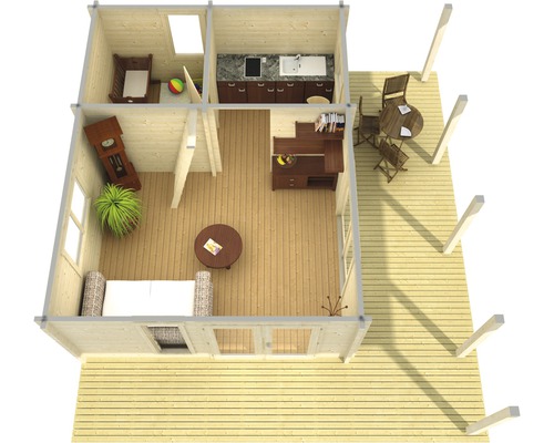 Plan d''une maison en bois avec terrasse, salon, cuisine et chambre d''enfant