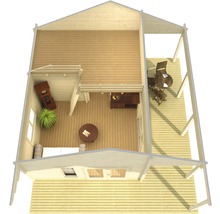 Vue de dessus d''une maison en bois avec terrasse, aménagée avec des meubles et de la décoration