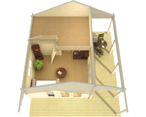 Vue de dessus d''une maison en bois avec terrasse, aménagée avec des meubles et de la décoration