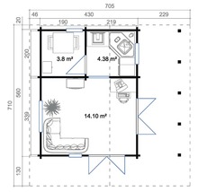 Plan d''un abri de jardin mesurant 705 x 710 cm avec différents calculs d''espace