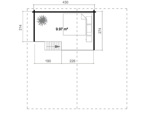 Plan avec dimensions de 430 sur 274 centimètres et une surface de 9,97 mètres carrés