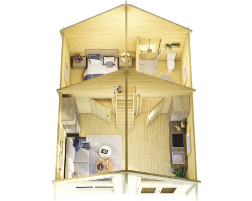 Vue intérieure d''une maison en bois avec chambre, salle de bain, salon et cuisine.