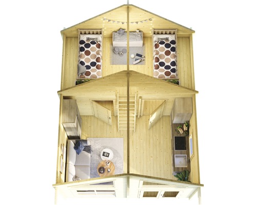 Vue intérieure d''une maison en bois à deux étages avec chambres, salon et cuisine