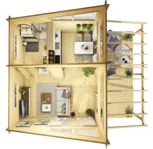 Plan d''une maison en bois à deux étages avec salon, salle de bain, cuisine, salle à manger et balcon