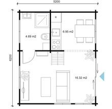 Plan d''un chalet en bois avec salle de bain, cuisine, salle à manger et salon.