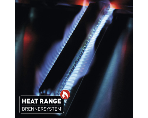 Detailaufnahme eines Grills mit eingeschaltetem HEAT RANGE Brennersystem