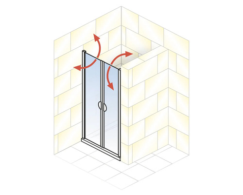 Duschkabine mit Drehtüren und Richtungspfeilen