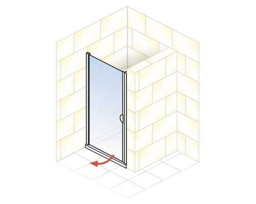 Douche d'angle avec porte coulissante et flèche rouge indiquant le mouvement de la porte