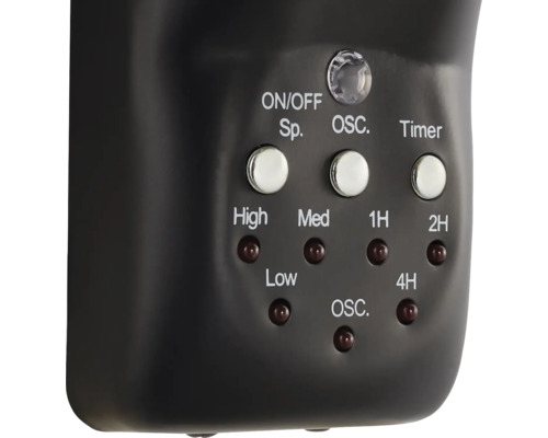 Gros plan sur les commandes d''un ventilateur avec interrupteurs pour marche/arrêt, oscillation et minuterie, ainsi que les vitesses.