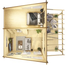 Vue intérieure d''une maison en bois avec chambre, salon et terrasse