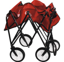Zusammengeklappter Bollerwagen mit rotem Stoffbezug und schwarzem Metallgestell