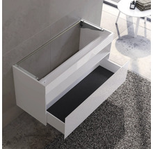 Meuble sous-lavabo blanc avec tiroir ouvert dans la salle de bains