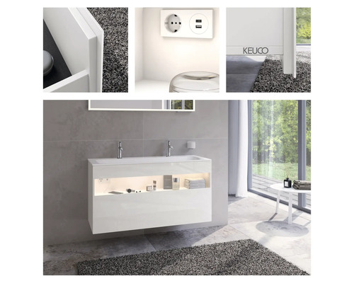 Modernes Badezimmer mit Waschtischunterschrank, Spiegel und Beleuchtung