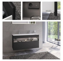 Salle de bains moderne avec meuble sous-lavabo, miroir, prise électrique et logo Keuco.