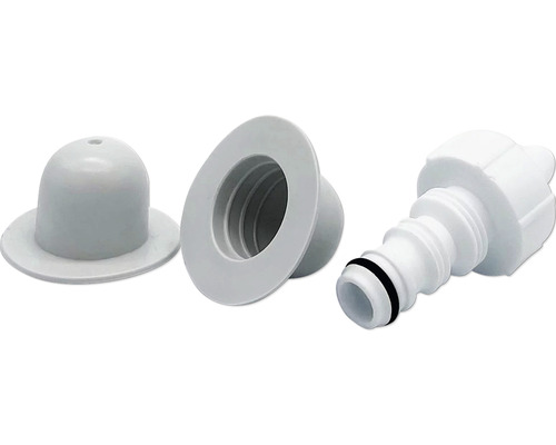 Trois accessoires de piscine en plastique : buse d’entrée, traversée de paroi et raccord de tuyau